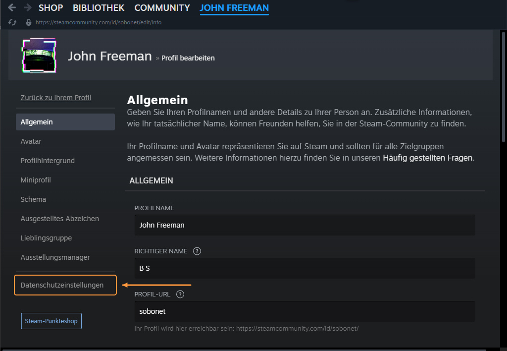 Steam-Profilbearbeitung mit vollständigem Seitenmenü: Ein orangefarbener Pfeil zeigt links unten auf Datenschutzeinstellungen.