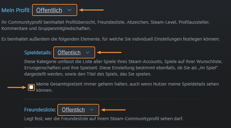 Steam-Datenschutzeinstellungen: Pfeile markieren Mein Profil, Spieldetails und Freundesliste mit dem Wert Öffentlich sowie das leere Kästchen Meine Gesamtspielzeit immer geheim halten. Dieses Kästchen nicht anhaken.