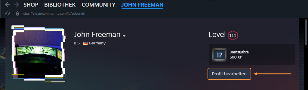 Steamprofil mit Profilbild und Kopfbereich: Ein orangefarbener Pfeil markiert rechts den Button Profil bearbeiten.