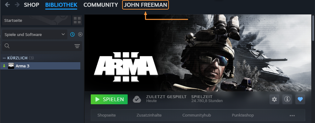 Steam-Bibliothek mit Navigation und Spieleliste, in der nur Arma 3 sichtbar ist: Ein orangefarbener Pfeil zeigt oben auf den Profilnamen.