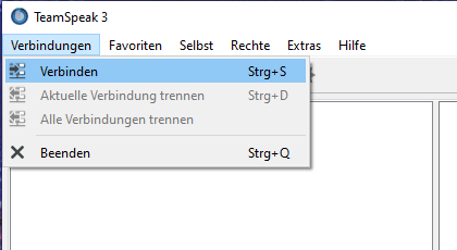 Obere linke Ecke des TeamSpeak-3-Fensters mit Titelleiste, Menüleiste und geöffnetem Menü Verbindungen. Der Eintrag Verbinden mit Tastenkürzel Strg + S ist markiert.