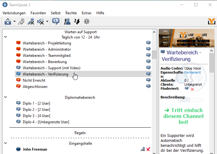 TeamSpeak-Fenster mit ausgewähltem Wartebereich - Verifizierung in der Channel-Liste links und der zugehörigen Channel-Beschreibung rechts.